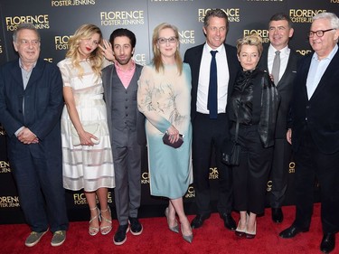 L-R: Stephen Frears, Nina Arianda, Simon Helberg, Meryl Streep, Hugh Grant, Tracey Seaward and Nicholas Martin attend the "Florence Foster Jenkins" New York premiere at AMC Loews Lincoln Square 13 Theatre on August 9, 2016 in New York City.
