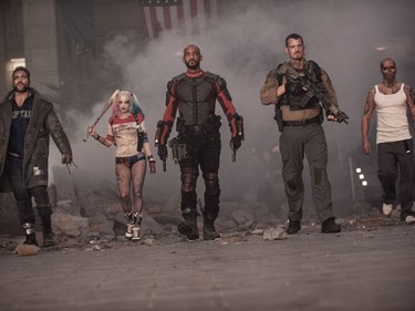 Jai Courtney as Boomerang, Margot Robbie as Harley Quinn, Will Smith as Deadshot, Joel Kinnaman as Rick Flag and Jay Hernandez as Diablo in "Suicide Squad."
