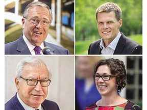 The four candidates who have announced they intend to run for mayor of Saskatoon offer their opinions on a possible new arena downtown. They are, clockwise from top left, incumbent Mayor Don Atchison. veteran Coun. Charlie Clark, former mayor Henry Dayday and Kelley Moore. (StarPhoenix files, Kelley Moore)