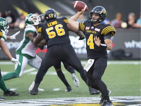 Hamilton Tiger-Cats quarterback Zach Collaros threw five touchdown passes against the Saskatchewan Roughriders on Saturday.