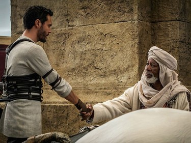 Jack Huston as Judah Ben-Hur (L) and Morgan Freeman as Ilderim in "Ben-Hur."