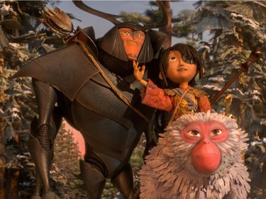 L-R: Beetle, Kubo and Monkey emerge from the Forest and take in the beauty of the landscape in "Kubo and the Two Strings."
