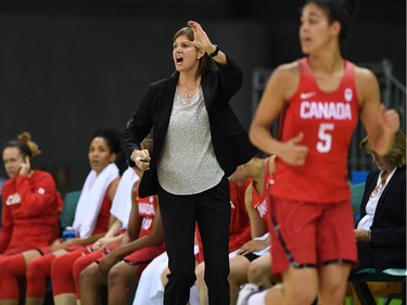 Canada's head coach Lisa Thomaidis talks to her team as they play China's in preliminary round of women's basketball action at the 2016 Olympic Games in Rio de Janeiro, Brazil on Saturday, Aug. 6, 2016.