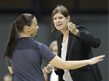 Canada head coach Lisa Thomaidis argues a call during the second half of a women's basketball game at the Youth Center at the 2016 Summer Olympics in Rio de Janeiro, Brazil, Saturday, Aug. 6, 2016.