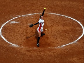 Canada's Lauren Bay Regula throws a pitch at the 2008 Olympics in Beijing.