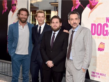 L-R: Bradley Cooper, Miles Teller, Jonah Hill and Todd Phillips attend the premiere of Warner Bros. Pictures' "War Dogs" at TCL Chinese Theatre on August 15, 2016 in Hollywood, California.
