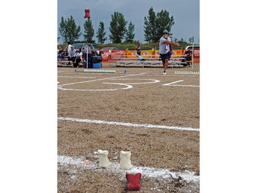 Rick Mazoleski tosses a bone in the 2016 Bunnock World Championship in Macklin, SK over the August long weekend.