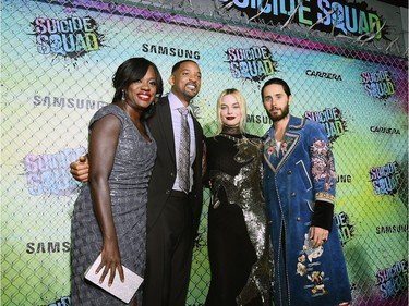 L-R: Actors Viola Davis, Will Smith, Margot Robbie and Jared Leto celebrate the premiere of "Suicide Squad" with Samsung at Beacon Theatre on July 28, 2016 in New York City.