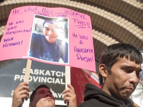 William Boushie, brother of Colten Boushie, speaks to media during a rally outside of the Saskatchewan Provincial Court in North Battleford, August 18, 2016. People rally outside a Saskatchewan courthouse Thursday where a farmer accused of fatally shooting a First Nations man is to make an appearance.