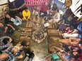 Hunger striker Emil Bell, whose protest is taking a stand against the Husky Oil spill in the recent Saskatchewan River, and seated to the right Tyrone Tootoosis who is hosting a forum with Sask. band members, neighbours and activists in a teepee set up at Tyrone's home near Duck Lake Sask., August 12, 2016.