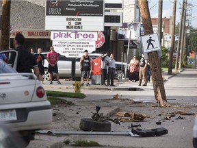 A power pole was severed off at the base by a car in a single vehicle accident at the corner of 2nd Ave. N. and King St. causing power to be out in some areas of downtown, August 17, 2016.
