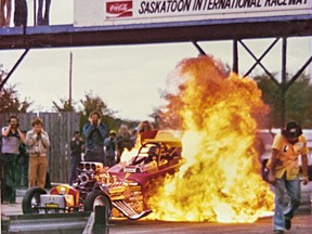 A copy of a photo taken in 1978 of the Beauchemin Brother's alter dragster in a spectacular fire burnout. (GordWaldner/Saskatoon StarPhoenix)