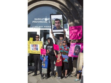 Colten Boushie's mother Debbie (sunglasses) and family members outside of North Battleford Provincial Court House where alleged shooter Gerald Stanley will be making a court appearance, August 18, 2016.