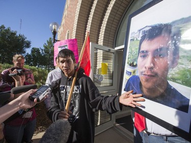 In front of North Battleford Provincial Court, Colten's brother William Boushie spoke to the media before entering the court room where alleged shooter Gerald Stanley will make a court appearance on the shooting death of Colten last week, August 18, 2016.