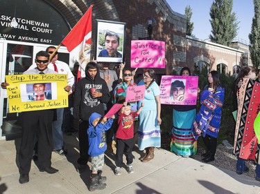 In front of North Battleford Provincial Court hundreds, including family members and friends, gather at alleged shooter Gerald Stanley's court appearance on the shooting death of Colten Boushie last week, August 18, 2016.