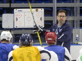 Dean Brockman the Saskatoon Bladeshead coach talks strategy at practice at the SaskTel Centre Thursday, August 25, 2016.