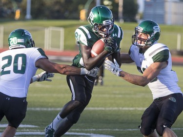 University of Saskatchewan Huskies green and white scrimmage has running back #81 wide receiver Yol Piok with a first down catch and run against tacklers #20 Brookes Falloon and #29 Spencer Krieger, August 25, 2016.