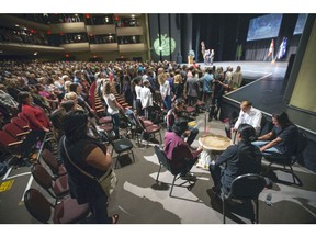 The Saskatoon Public School Division kicks off the new school year gathering at TCU Place for the annual celebration with a children's choir, a Metis children's group singing and this aboriginal group of students from Mount Royal and Bedford Road Collegiate's with two drum songs, Aug. 30, 2016.
