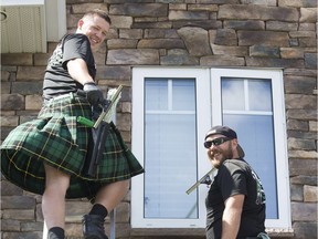 Sergey Zametalin and Mark Bresinsky of Men in Kilts, a new outdoor maintenance business in Saskatoon with a unique uniform.