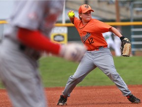 Saskatchewan's Wadena Wildcats' Keenan Sowa throws the ball to first base during opening day of the 2016 Canadian under-14 boys softball championship against Ontario's Innerkip Junior Eagles at Bob Van Impe Stadium in Saskatoon on Aug. 10, 2016.