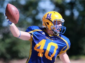 SASKATOON, SK - August 14, 2016 - Saskatoon Hilltops' Adam Benkic celebrates his touchdown during the first half of their 2016 Prairie Football Conference season-opener against the Winnipeg Rifles at SMF Field on August 14, 2016. (Michelle Berg / The StarPhoenix)