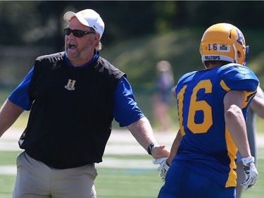 Saskatoon Hilltops head coach Tom Sargeant celebrates a touchdown during the first half of their 2016 Prairie Football Conference season-opener against the Winnipeg Rifles at SMF Field on August 14, 2016.