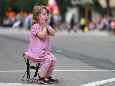 Three-year-old Mya is overjoyed at the 2016 Saskatoon Ex Parade downtown on August 9, 2016.