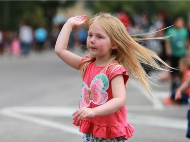 Calle Brennan dances during the 2016 Saskatoon Ex Parade downtown on August 9, 2016.