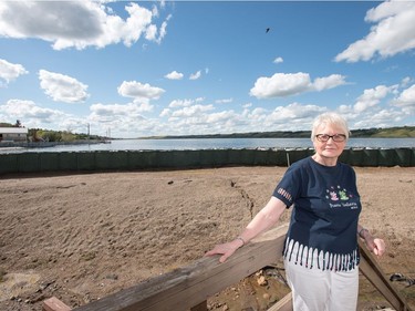 Millie Strueby, owner of the Danceland Ballroom, stands for photo with a retaining wall holds water back from Danceland in Manitou Beach, SK on Friday, August 5, 2016.