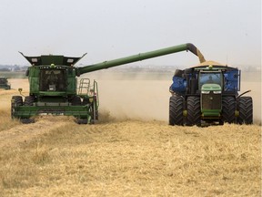 Members of the Riverview Hutterite Colony combine and bag barley east of Saskatoon along Kilmeny Road, Monday, August 22, 2016.