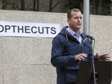 Leader of the Official Opposition Trent Wotherspoon speaks about announced Sask. Party cuts to income assistance for the province's most vulnerable during a rally/protest at City Hall, August 26, 2016.