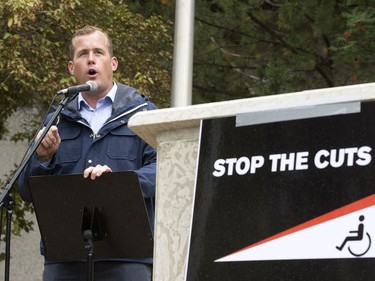 Leader of the Official Opposition Trent Wotherspoon speaks about announced Sask. Party cuts to income assistance for the province's most vulnerable during a rally/protest at City Hall, August 26, 2016.