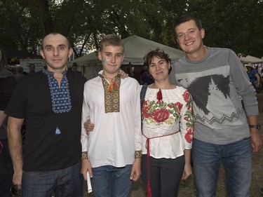 Votodymyr Nychyk, left to right, Vladyslav Nychyk, Tetiana Nychyk, and Myrola Kensandrov are On the Scene at Ukrainian Day in the Park in Saskatoon, SK on Saturday, August 27, 2016.