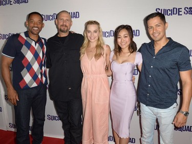 L-R: Will Smith, David Ayer, Margot Robbie, Karen Fukuhara and Jay Hernandez attend the "Suicide Squad" Wynwood Block Party and Mural Reveal on July 25, 2016 in Miami, Florida.