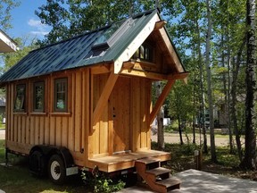 Susan Mills currently has her tiny home on wheels, pictured above, set up at Turtle Lake, located approximately two hours away from Saskatoon. She would prefer to have it set up in the city, but city bylaws are prohibiting her from doing so. Now she’s looking to secure a piece of land just outside Saskatoon city limits, so she can establish her tiny home full-time and not have to worry about a potential fine.