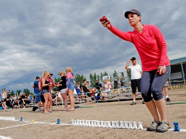 Sylvie Fergusson tosses a bone in the 2016 Bunnock World Championship in Macklin, SK over the August long weekend.