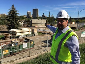 The City of Saskatoon's director of major projects, Dan Willems, points Monday to where construction of the first span of the new Traffic Bridge will be constructed, starting next week. The new bridge is part of a $497-million P3 project. (Phil Tank/The StarPhoenix)