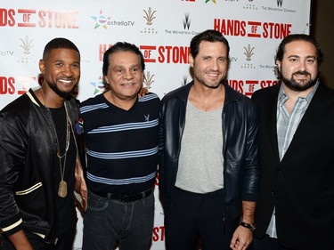 L-R:  Usher Raymond, Roberto Duran, Edgar Ramirez and Jonathan Jakubowicz attend The Weinstein Company's "Hands of Stone" special screening hosted at The Grove on August 15, 2016 in Los Angeles, California.