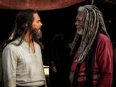 Jack Huston as Judah Ben-Hur (L) and Morgan Freeman as Ilderim in "Ben-Hur."