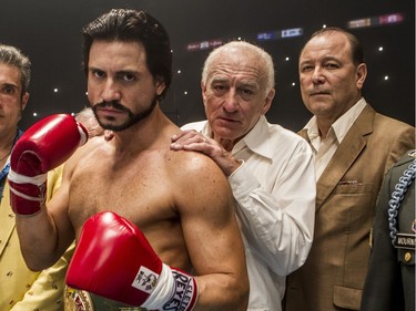 L-R: Edgar Ramirez, Robert De Niro and Ruben Blades star in "Hands of Stone."