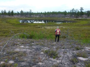 View of a pond with a distinct circular structure identified as a magnetic anomaly by De Beers Canada in its survey of CanAlaska Uranium's West Athabasca diamond project. Credit: CanAlaska Uranium Ltd.