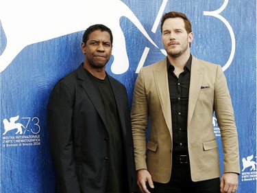 Denzel Washington (L) and Chris Pratt attend the 73rd Venice Film Festival's "The Magnificent Seven" photo call in Venice, Italy, Septeber 10, 2016.