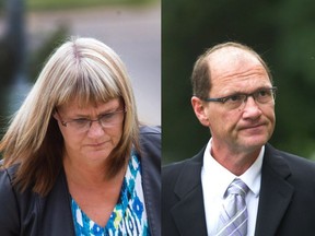 Angela Nicholson (left) and Curtis Vey enter Prince Albert's Queen's Bench Court House for sentencing for conspiracy to commit murder.