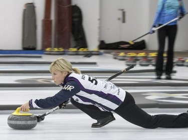 Team Hasseborg takes on Team Muirhead during the Colonial Square Ladies Curling Classic at Nutana Curling Club in Saskatoon, September 17, 2016.