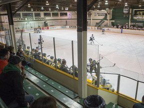 Black netting and pillars obstruct the fans' view at Rutherford Rink on the University of Saskatchewan campus. (Liam Richards/the StarPhoenix)