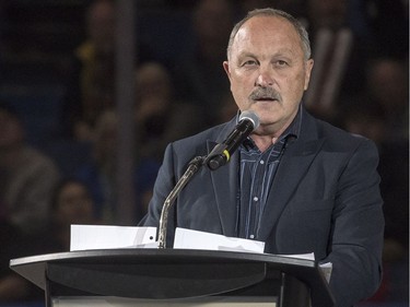 Bryan Trottier, a retired NHL player, speaks as part of Thank You, Mr. Hockey Day in Saskatoon at Sasktel Centre in Saskatoon, Sunday, September 25, 2016. Howe's remains where interred at a statue of him outside of the arena earlier today.