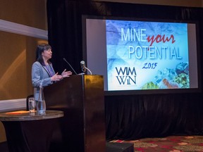 Cameco Corp. Senior Vice President and Chief Corporate Officer Alice Wong addresses the 2015 Mine Your Potential Conference in Saskatoon. Photo by Cassie Cos.