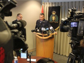 RCMP admin and personnel officer Supt. Kris Vibe speaks with media at the Saskatoon RCMP detachment headquarters on Thursday afternoon. Officials say the RCMP is aware of issues around rural response times and rural crime, but note they're working to address concerns through crime-prevention and boosted recruitment efforts.