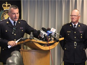 RCMP admin and personnel officer Supt. Kris Vibe (L) and Supt. Mike Gibbs, head of central district, speak with media at the Saskatoon RCMP detachment headquarters on Thursday afternoon, September 29, 2016. Officials say the RCMP is aware of issues around rural response, but note they're working to address concerns through crime-prevention and boosted recruitment efforts.