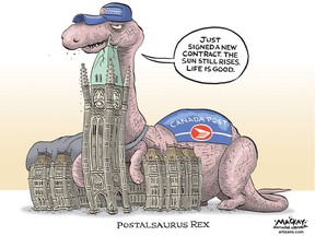 Editorial Cartoon by Graeme MacKay, The Hamilton Spectator – Thursday September 15, 2016  Canada Post needs 'transformational changes' to be viable, task force finds  A task force studying the national mail carrier says Canada Post isn't financially self-sustainable under its current structure.  And it says transformational changes are needed to prevent taxpayers from having to prop it up.  The four-member panel issued a discussion paper Monday that suggests a number of ways the letter carrier can turn its business model around, including distributing legalized marijuana and cutting back on door-to-door delivery in favour of community mailboxes -- an initiative launched by the Conservative government in 2013 but scrapped by the current Liberal government.  The report also suggested charging fees to those who opt to have mail delivered directly to their door.   A House of Commons committee has scheduled cross-country hearings this month to hear Canadians' views of what they want from the postal service. The ideas contained in the discussion paper are meant as a launching pad for those public consultations.  The task force says a significant decline in letter mail deliveries is sapping revenues at Canada Post, a loss that has yet to be made up from its growing parcel and ad mail businesses.  Canada Post applauded the task force findings, saying it reaffirms the challenges faced by the Crown corporation. (Source: CBC News) http://www.cbc.ca/news/business/canada-post-task-force-report-1.3759321  Canada, Parliament, dinosaur, Canada post, relic, debt, propped up, subsidy, debt